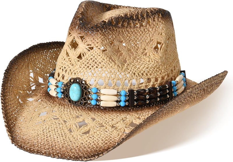 Willheoy Straw Cowboy Hat for Men Womens Straw Cowgirl Hat Summer Western Cowboy Hats with Wide Brim for Cowgirls and Cowboys - Image 1